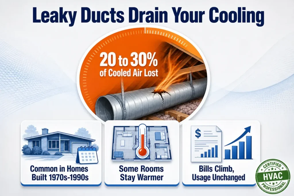 Infographic showing leaky HVAC ducts can lose 20 to 30 percent of cooled air, most common in homes built between the 1970s and 1990s, causing some rooms to stay warmer and energy bills to climb with unchanged usage.