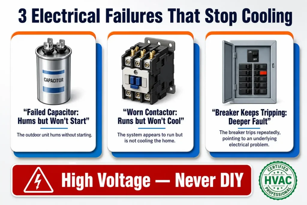 Infographic showing three AC electrical failures that stop cooling — a failed capacitor that hums but won't start, a worn contactor that runs but won't cool, and a breaker that keeps tripping — with a red high-voltage never-DIY warning.