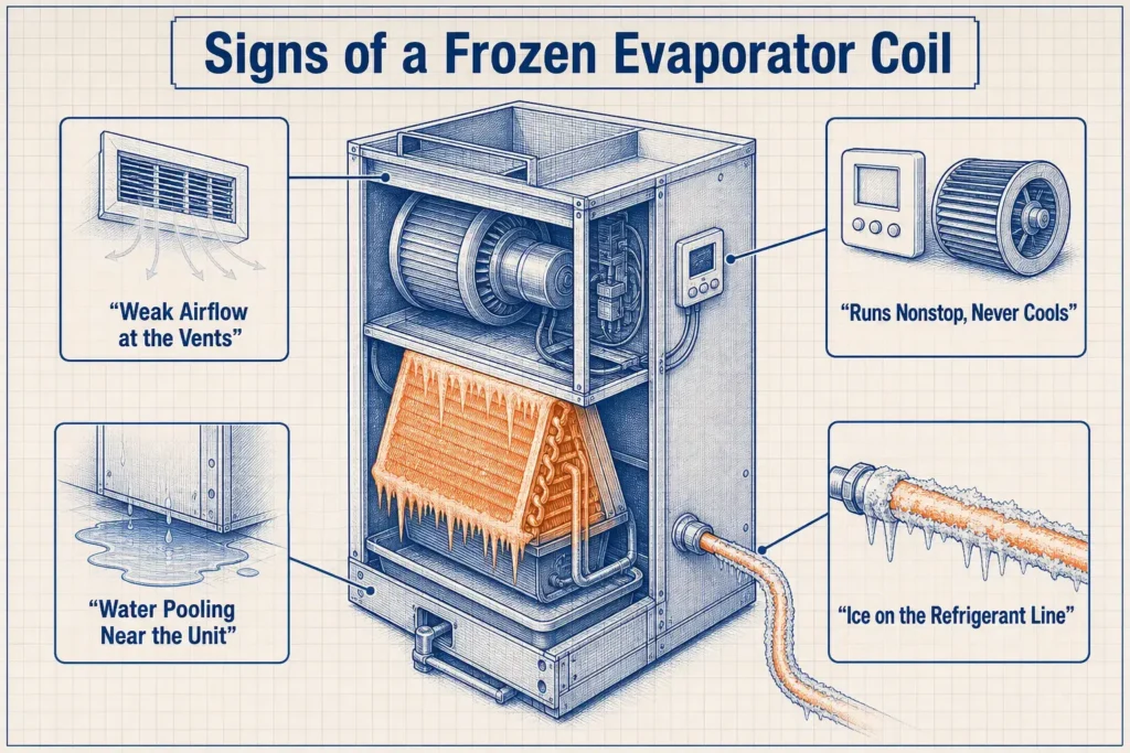 Blueprint-style cutaway diagram of a residential air handler showing four signs of a frozen evaporator coil: ice on the refrigerant line, water pooling near the unit, weak airflow at the vents, and a system that runs nonstop without cooling.