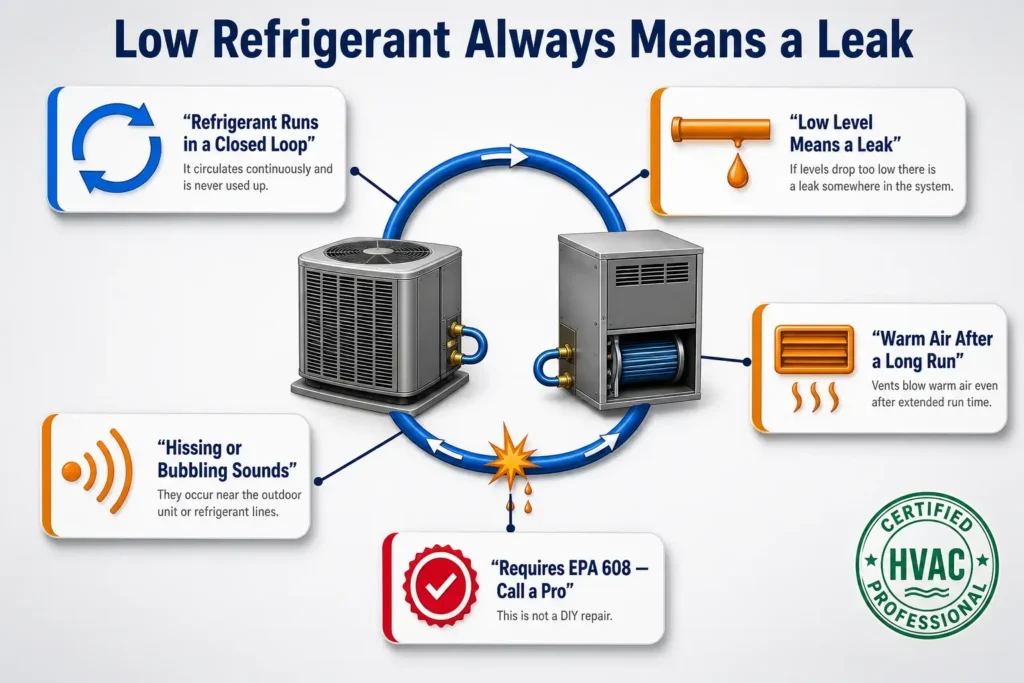 Closed-loop infographic explaining that low AC refrigerant always means a leak, showing refrigerant circulating between an outdoor and indoor unit, warning signs like warm air and hissing sounds, and a note that EPA 608 certification is required to repair it