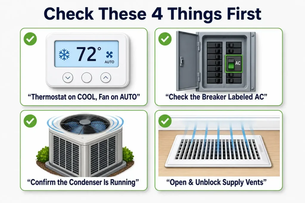 Infographic titled "Check These 4 Things First" showing a 2x2 grid of quick DIY AC checks: set the thermostat to COOL with the fan on AUTO, check the breaker labeled AC, confirm the outdoor condenser is running, and open and unblock supply vents.