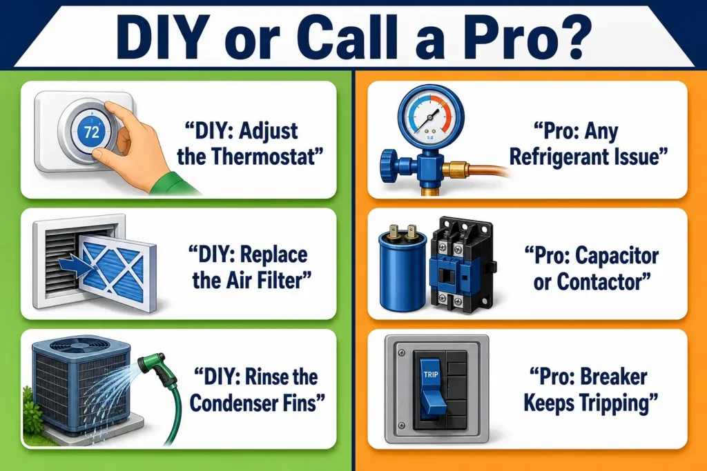 Two-column HVAC decision infographic titled "DIY or Call a Pro?" comparing three do-it-yourself AC fixes in green — adjust the thermostat, replace the air filter, rinse the condenser fins — against three problems that require a professional in orange: any refrigerant issue, a capacitor or contactor failure, and a breaker that keeps tripping.