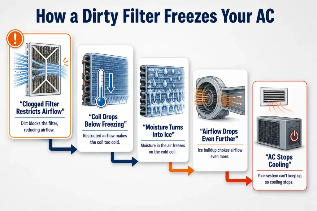 Infographic showing how a dirty AC filter freezes the cooling system in five steps: a clogged filter restricts airflow, the coil drops below freezing, moisture turns into ice, airflow drops even further, and the AC stops cooling.