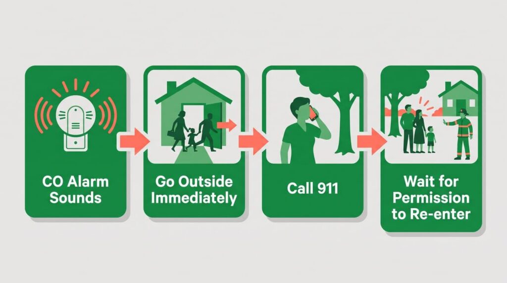 Four-step CO alarm response: alarm sounds, exit immediately, call 911 outside, wait for clearance to return