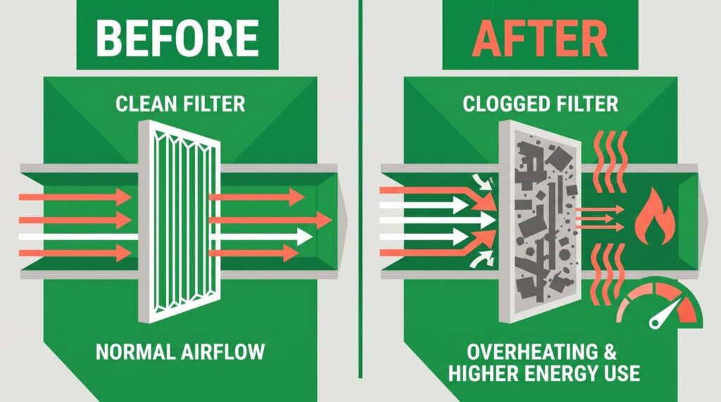 Side-by-side comparison of clean furnace filter with normal airflow versus clogged filter causing overheating