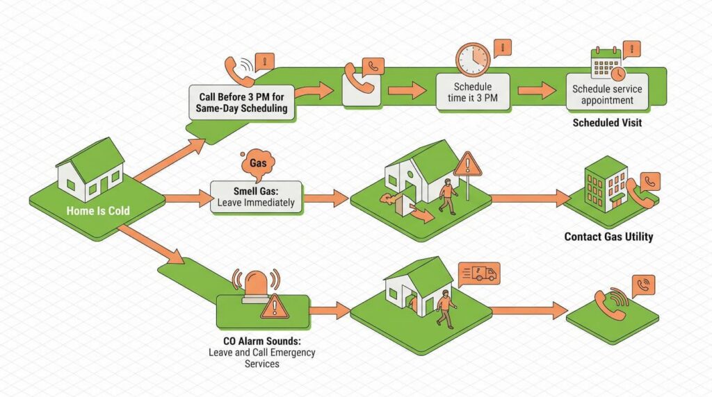 Flowchart showing three emergency paths: same-day scheduling, gas leak evacuation, and CO alarm response