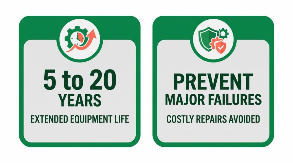 Two callout cards showing furnace maintenance extends equipment life 5 to 20 years and prevents major failures