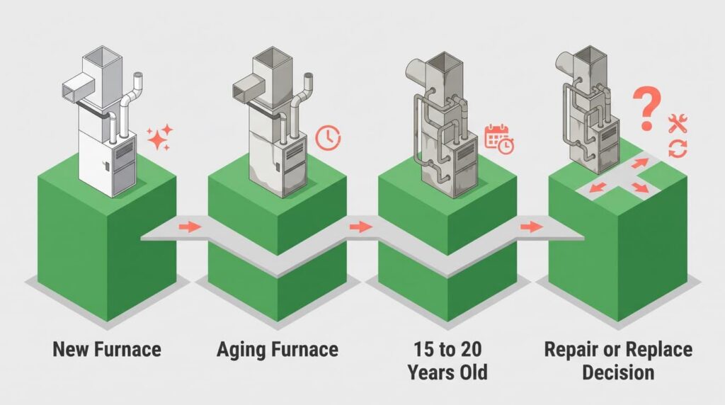 Timeline showing four furnace life stages from new installation through 15-20 years to repair-or-replace decision