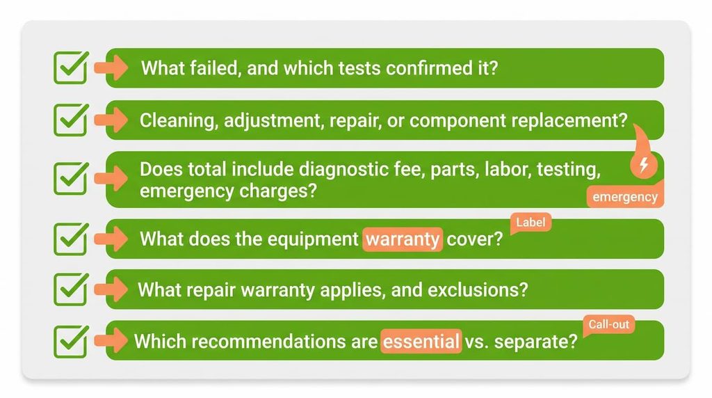 Six-item checklist of questions covering diagnosis, work type, costs, warranties, and essential recommendations
