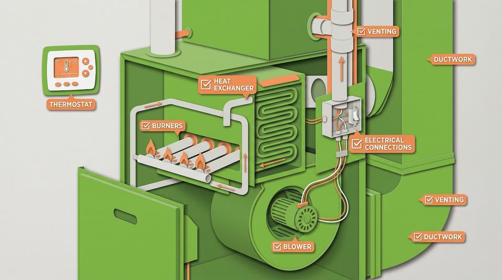 Furnace cutaway with seven labeled icons for thermostat, burners, heat exchanger, blower, electrical, venting, and ductwork