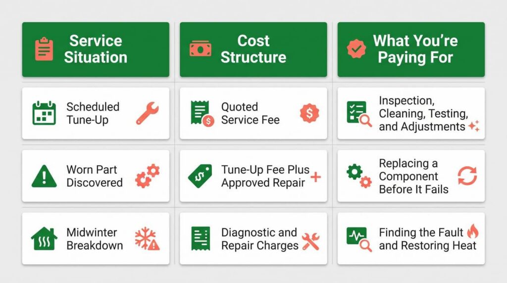 Three-row table comparing costs for scheduled tune-up, worn part repair, and midwinter breakdown scenarios