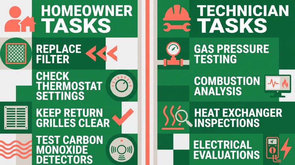Split-screen comparison of homeowner tasks like filter replacement versus technician tasks like gas pressure testing