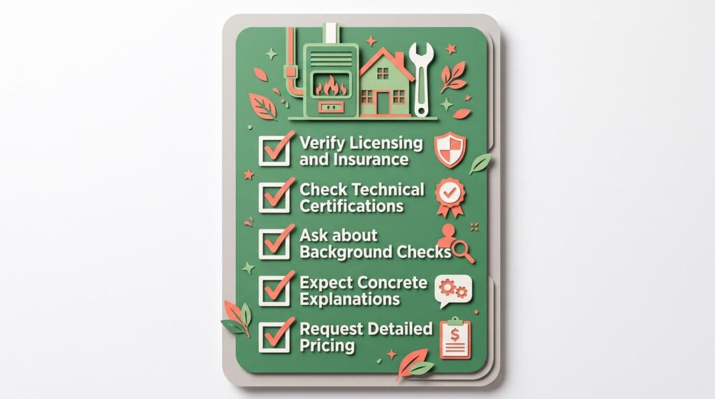 Five-item checklist for hiring a furnace technician covering licensing, certifications, and pricing transparency