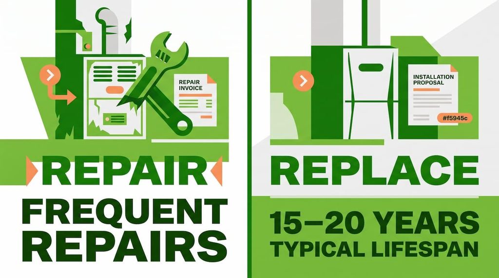 Split-screen comparing furnace repair with wrench and invoice versus new furnace replacement with 15-20 year lifespan