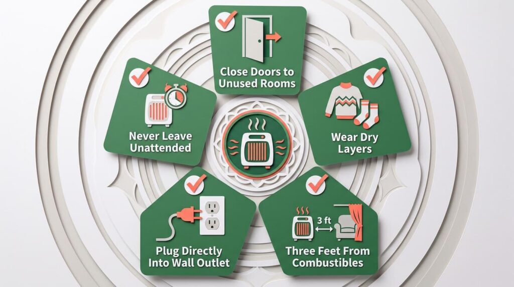 Five space heater safety rules: close unused rooms, wear layers, keep three feet clear, use wall outlet, never leave on