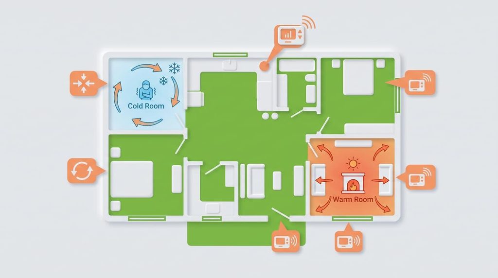 Floor plan showing one cold room and one warm room with airflow and thermostat check icons